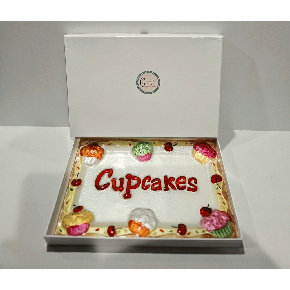 The Cupcake Cupboard Glass Serving Tray Platter Hand Painted Cupcakes 12in 3D